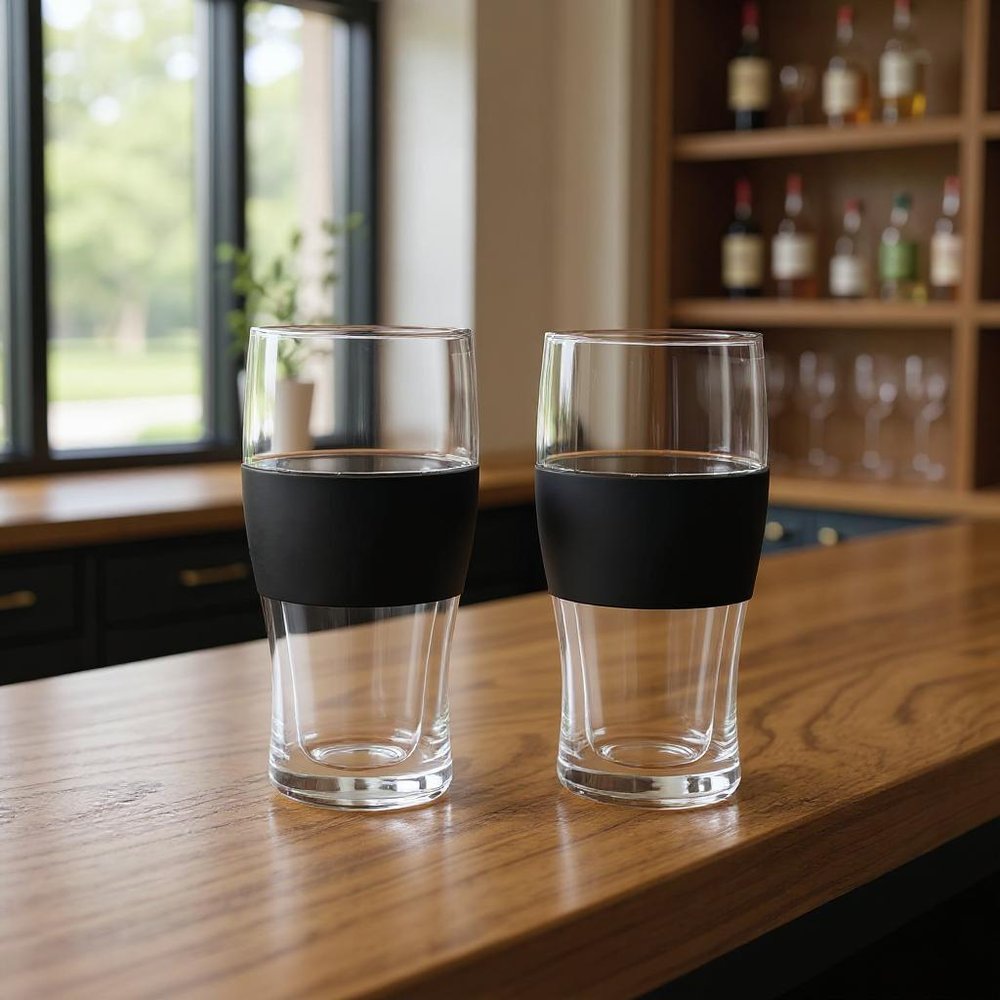 Set of Two Clear And Black Tritan Plastic Narrowing Shape Stemless Pint Glass in a home interior