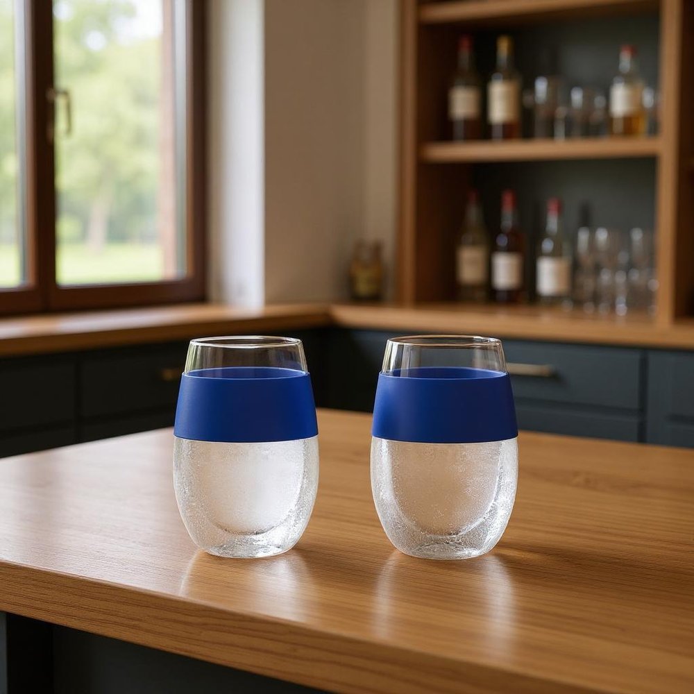 Set of Two Clear And Blue Tritan Plastic Convex Curve Shape Stemless All Purpose Wine Glass in a home interior