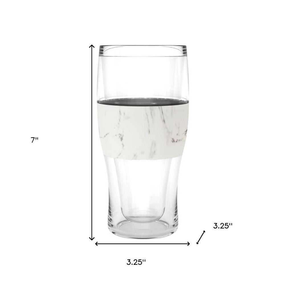Clear Tritan plastic pint glass with white marble-patterned grip, 7 inches tall and 3.25 inches wide.
