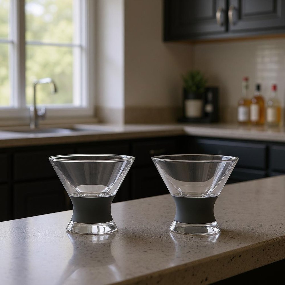 Set of Two Clear And Gray Tritan Plastic Conical Shape Stemless Martini Glass in a home interior