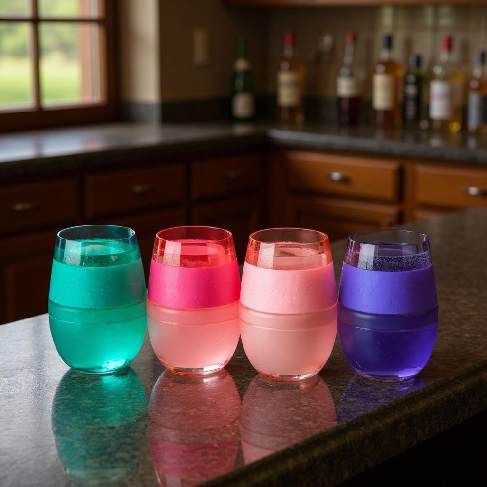 Set of Four Green Pink And Purple Tritan Plastic Convex Curve Shape Stemless All Purpose Wine Glass - with Four Pieces
