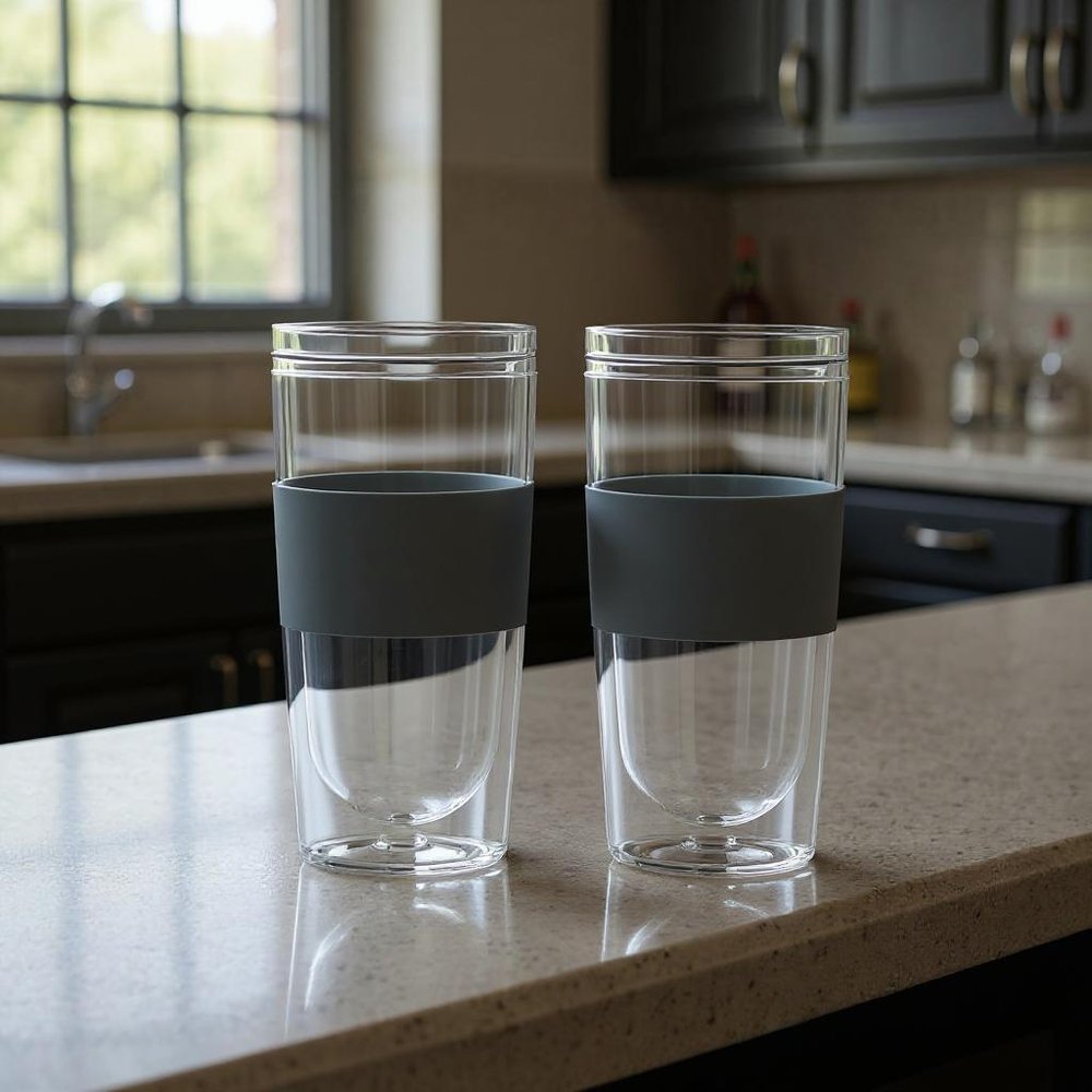 Set of Two Clear And Gray Plastic Straight Shape Stemless Drinking Glass in a home interior