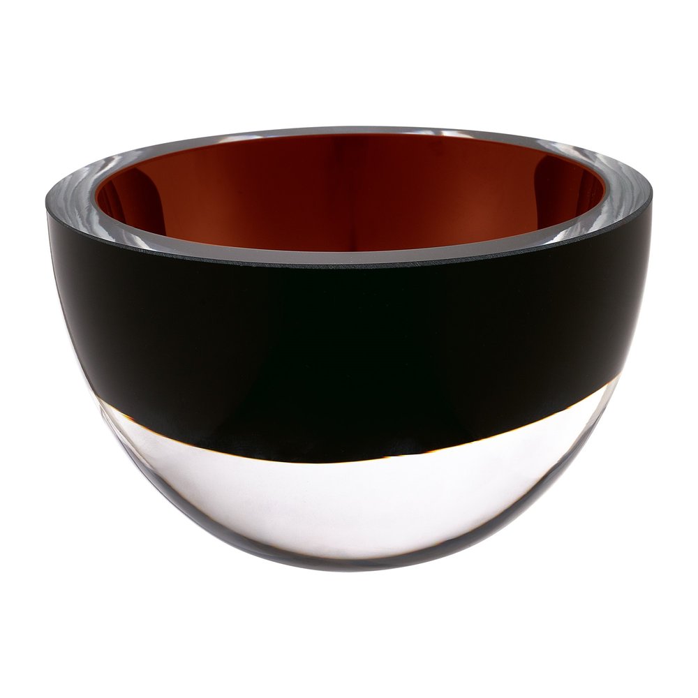 A brown mouth-blown crystal bowl with a thick black band and clear base against a white background.
