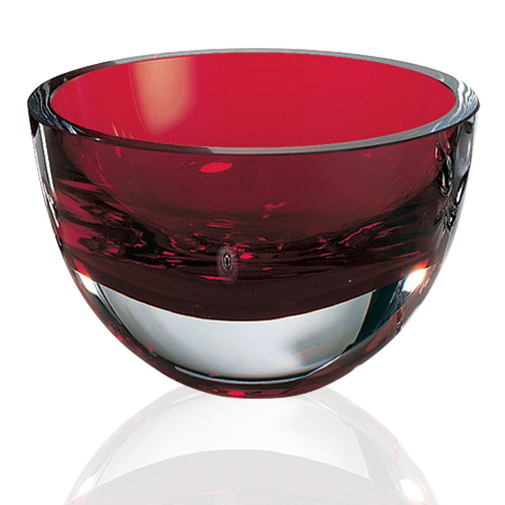A red mouth-blown crystal bowl with a thick wall and clear base, shown on a white background with a reflection.