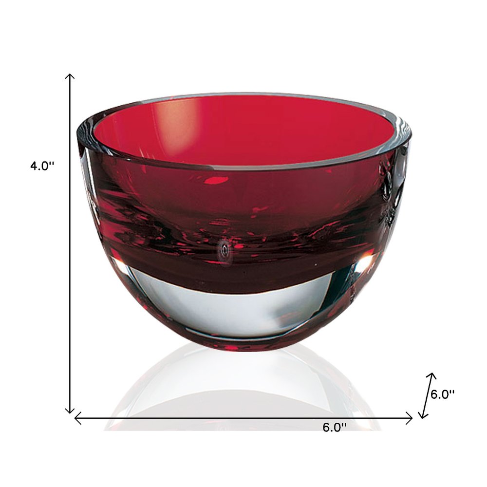 6" Red Mouth Blown Crystal Thick Walled Bowl. Serving bowl isolated on a plain white background, showing a red crystal surface.
