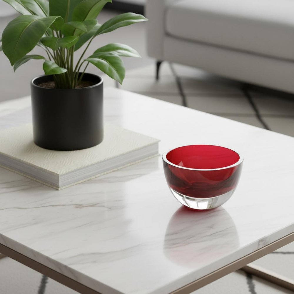 6" Red Mouth Blown Crystal Thick Walled Bowl. Serving bowl isolated on a plain white background, showing a crystal surface.