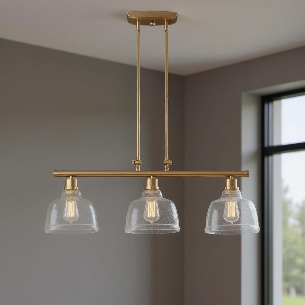 Gold Kitchen Island Three Light Metal and Seeded Glass Dimmable Chandelier With Clear Shades
