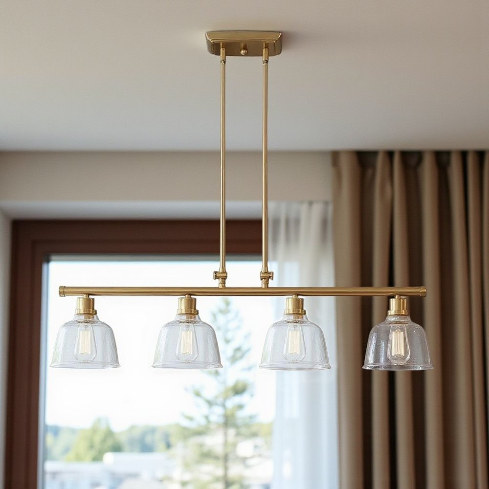 Gold Kitchen Island Four Light Metal and Seeded Glass Dimmable Chandelier With Clear Shades