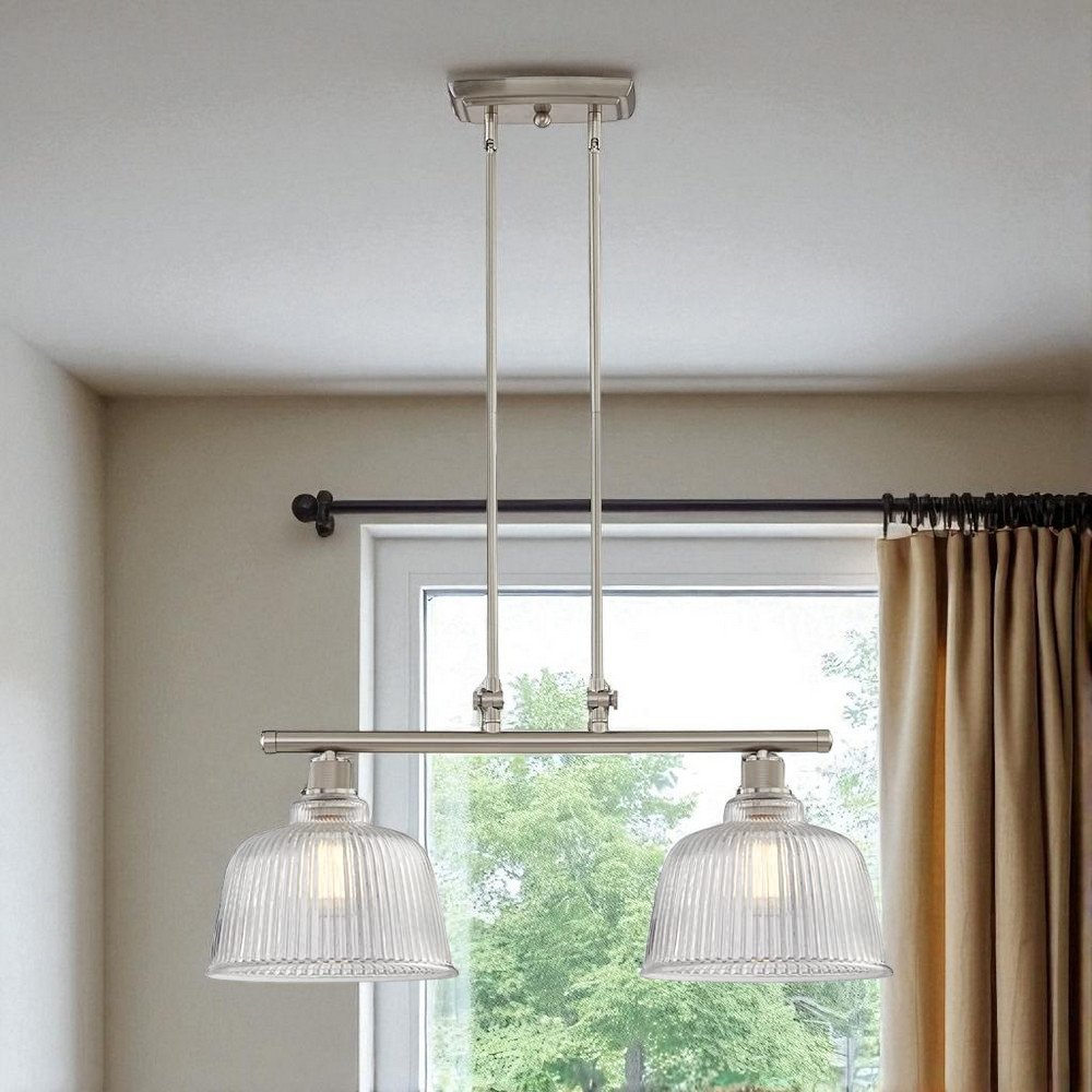 Nickel Kitchen Island Two Light Metal and Transparent Glass Dimmable Chandelier With Clear Shades