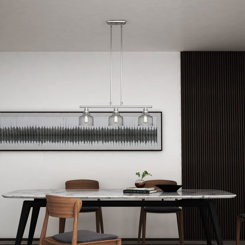 Nickel Kitchen Island Three Light Metal and Transparent Glass Dimmable Chandelier With Clear Shades