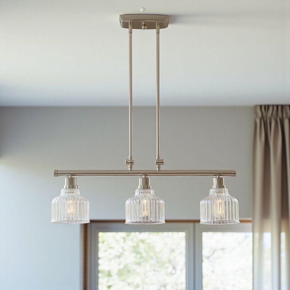 Nickel Kitchen Island Three Light Metal and Transparent Glass Dimmable Chandelier With Clear Shades