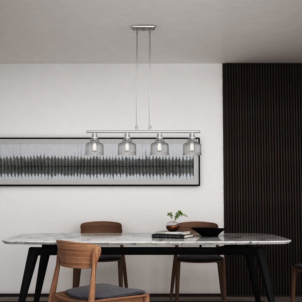 Nickel Kitchen Island Four Light Metal and Transparent Glass Dimmable Chandelier With Clear Shades