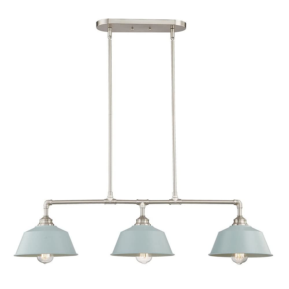 Nickel Kitchen Island Three Light Metal Dimmable Chandelier With Light Blue Shades