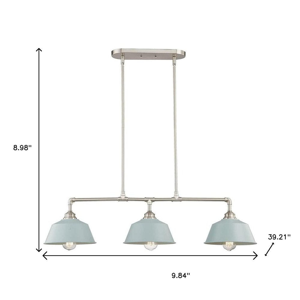 Nickel Kitchen Island Three Light Metal Dimmable Chandelier With Light Blue Shades