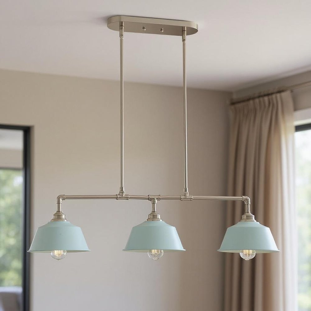 Nickel Kitchen Island Three Light Metal Dimmable Chandelier With Light Blue Shades