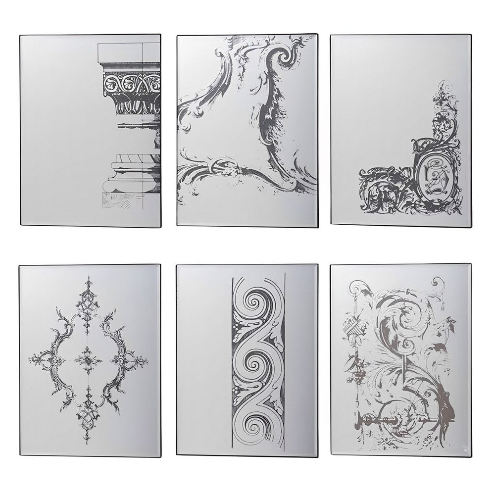 Set of Six Decorative Antiqued Glass Black Metal Framed Mirror Set on a white background
