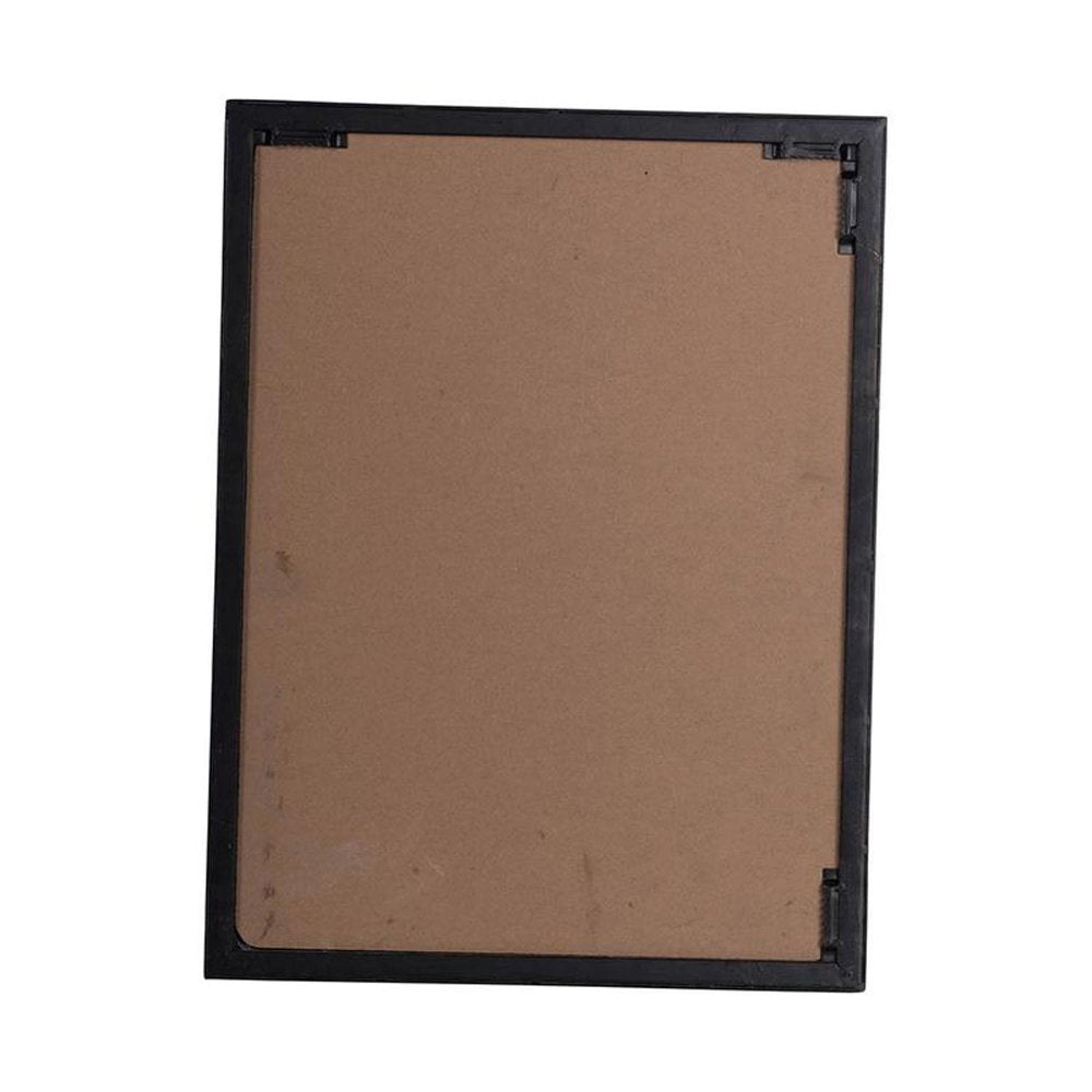 Back view of a black metal framed mirror with a brown backing board, isolated on a white background.