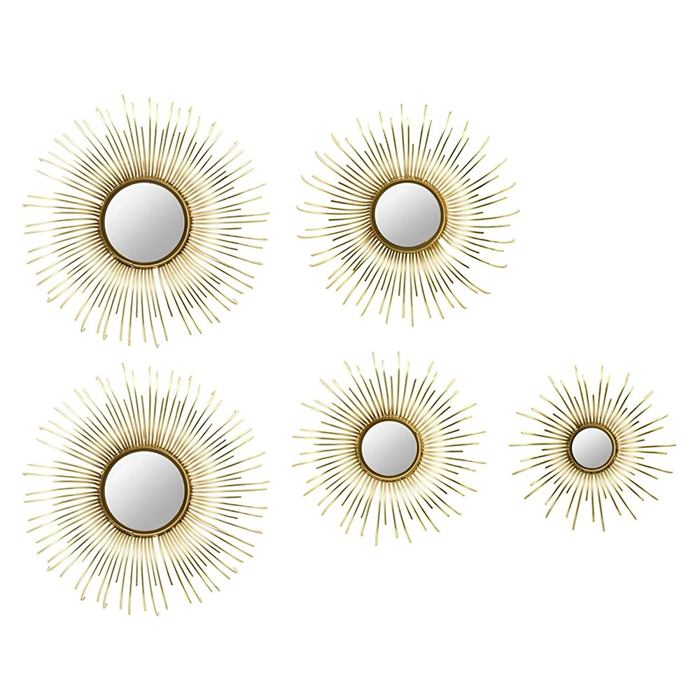 Set of Five Gold Sunburst Metal Framed Mirror Set on a white background