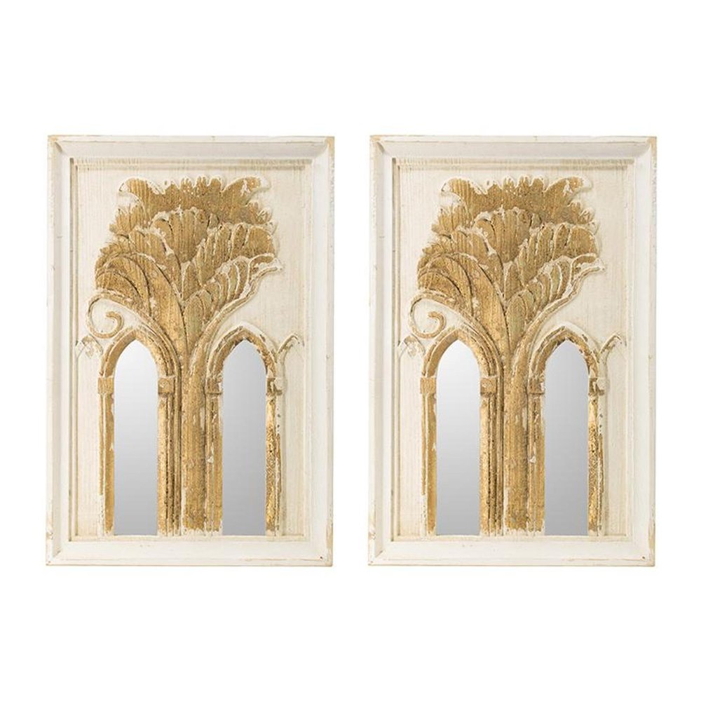 Set of Two 30" White and Gold Wood Framed Accent Mirrors on a white background