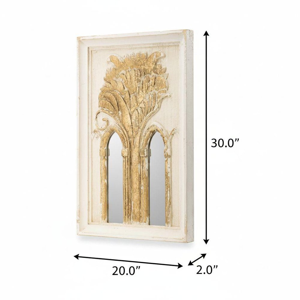 Set of Two 30" White and Gold Wood Framed Accent Mirrors on a white background