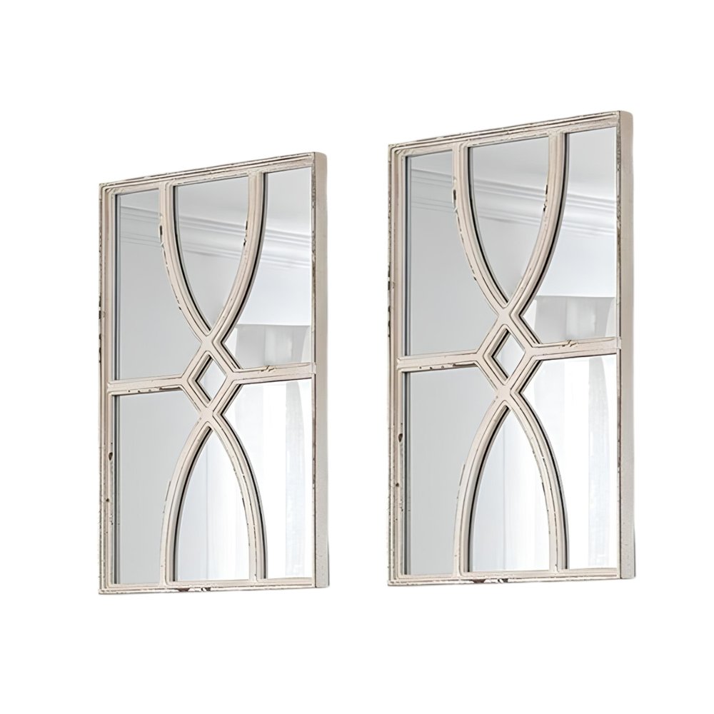 Set of two rectangular white wood framed accent mirrors with a distressed finish, displayed against a white background.