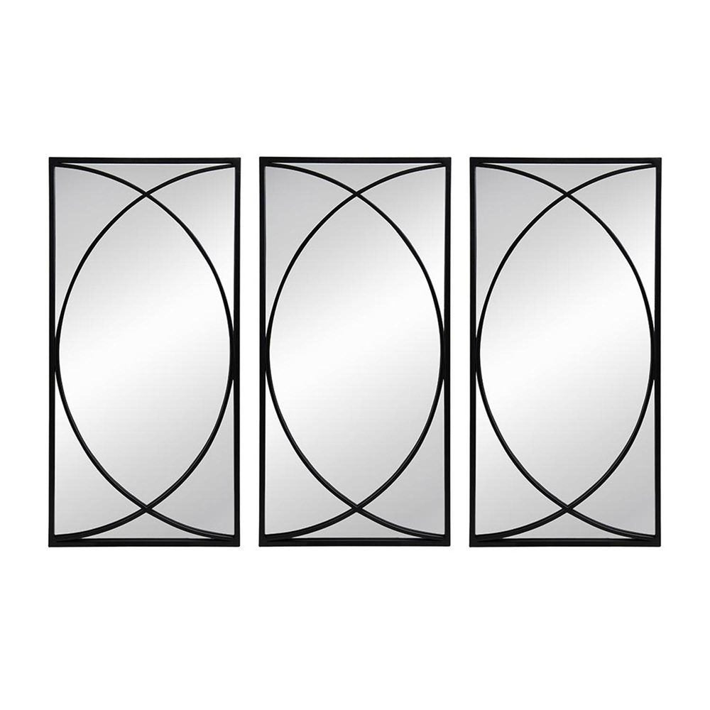 Set of three rectangular black iron framed accent mirrors with intersecting circular designs on a white background.