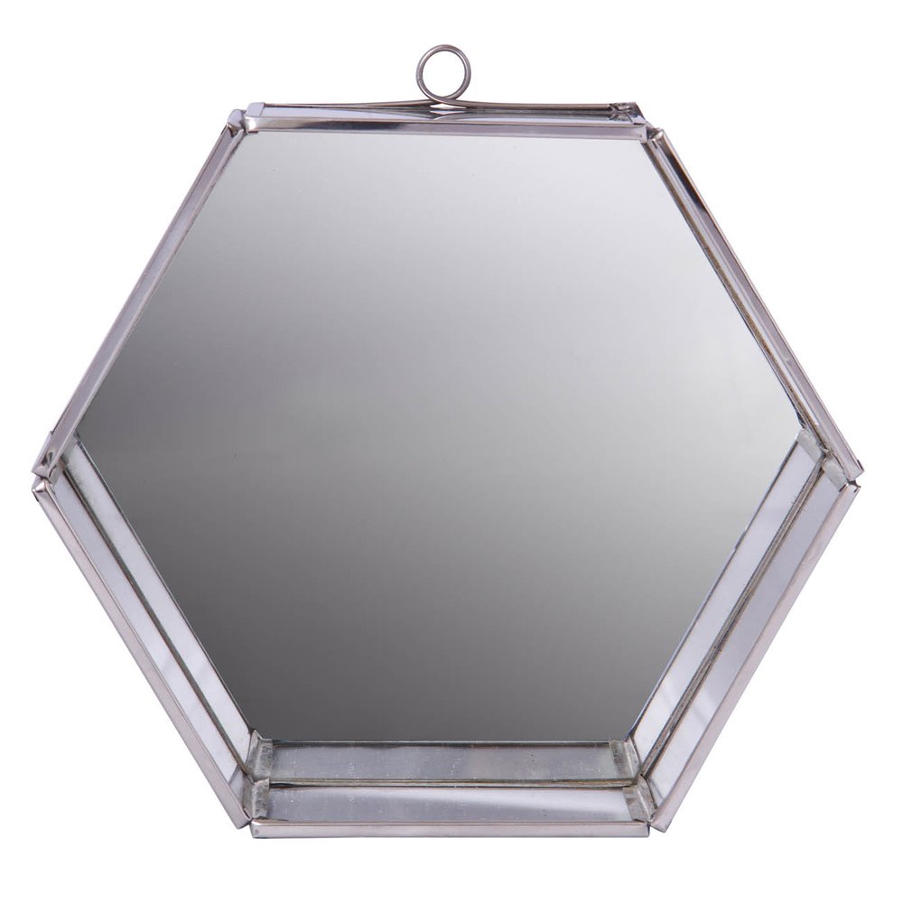 Silver hexagon steel framed accent mirror with a hanging loop against a white background.