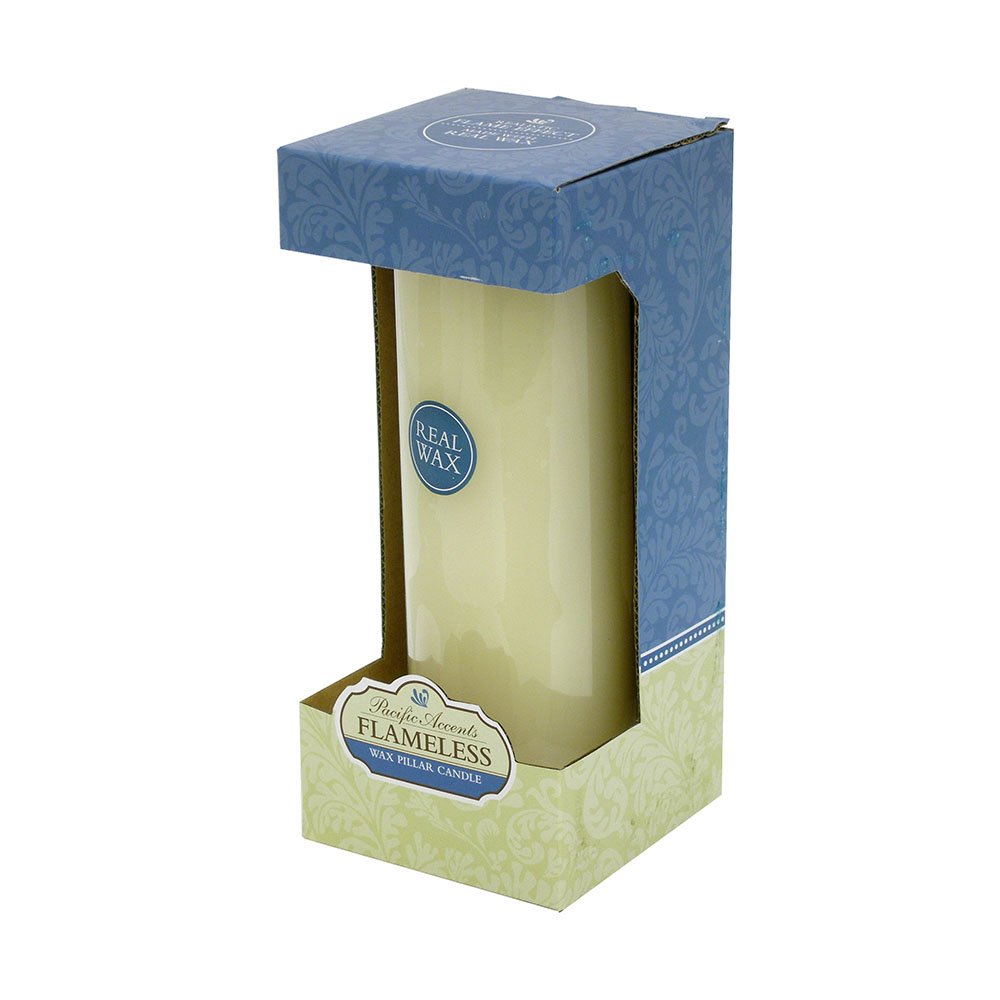 8" Ivory Flameless Pillar Candle - 8" H x 3" W x 3" D on a white background