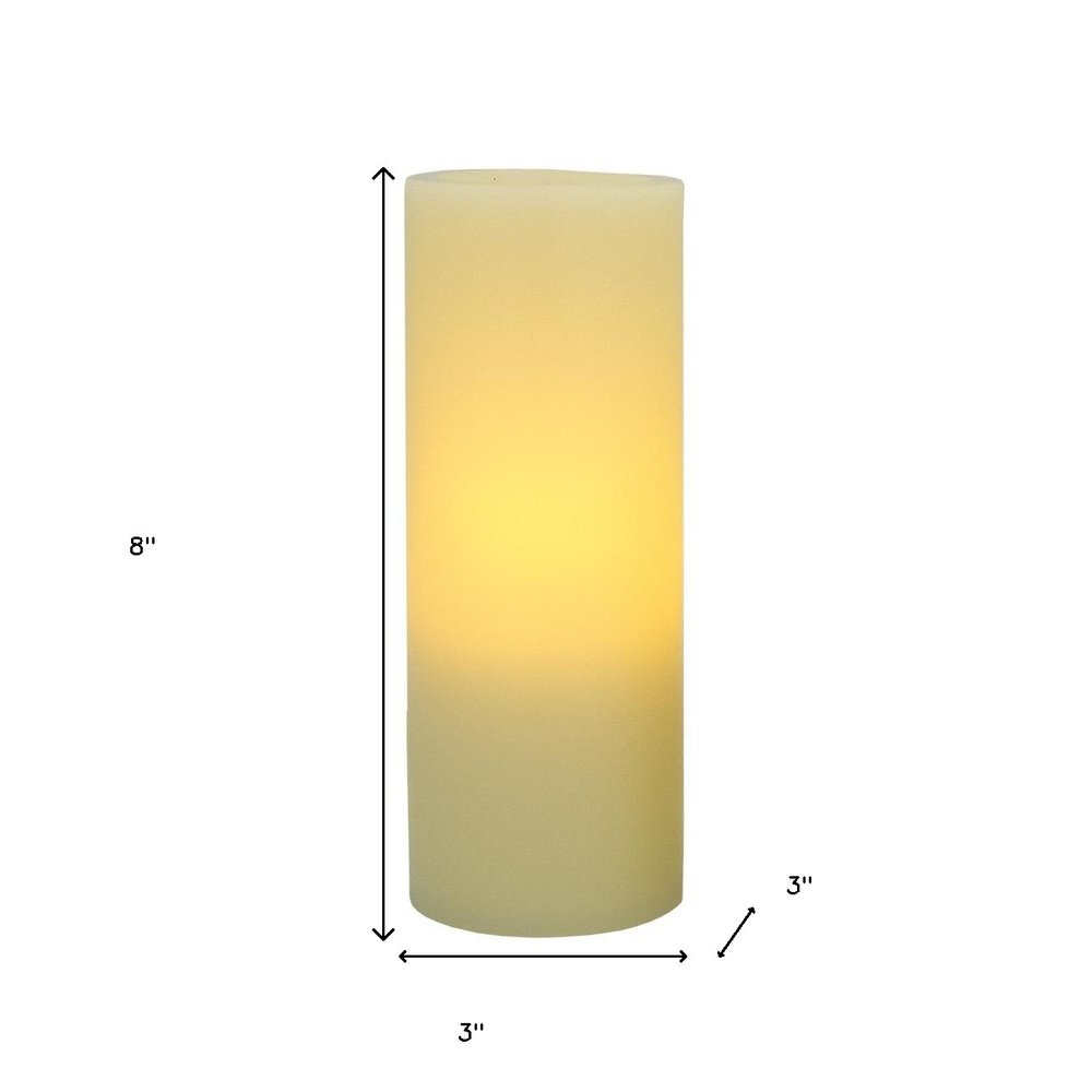 8" Ivory Flameless Pillar Candle - 8" H x 3" W x 3" D on a white background