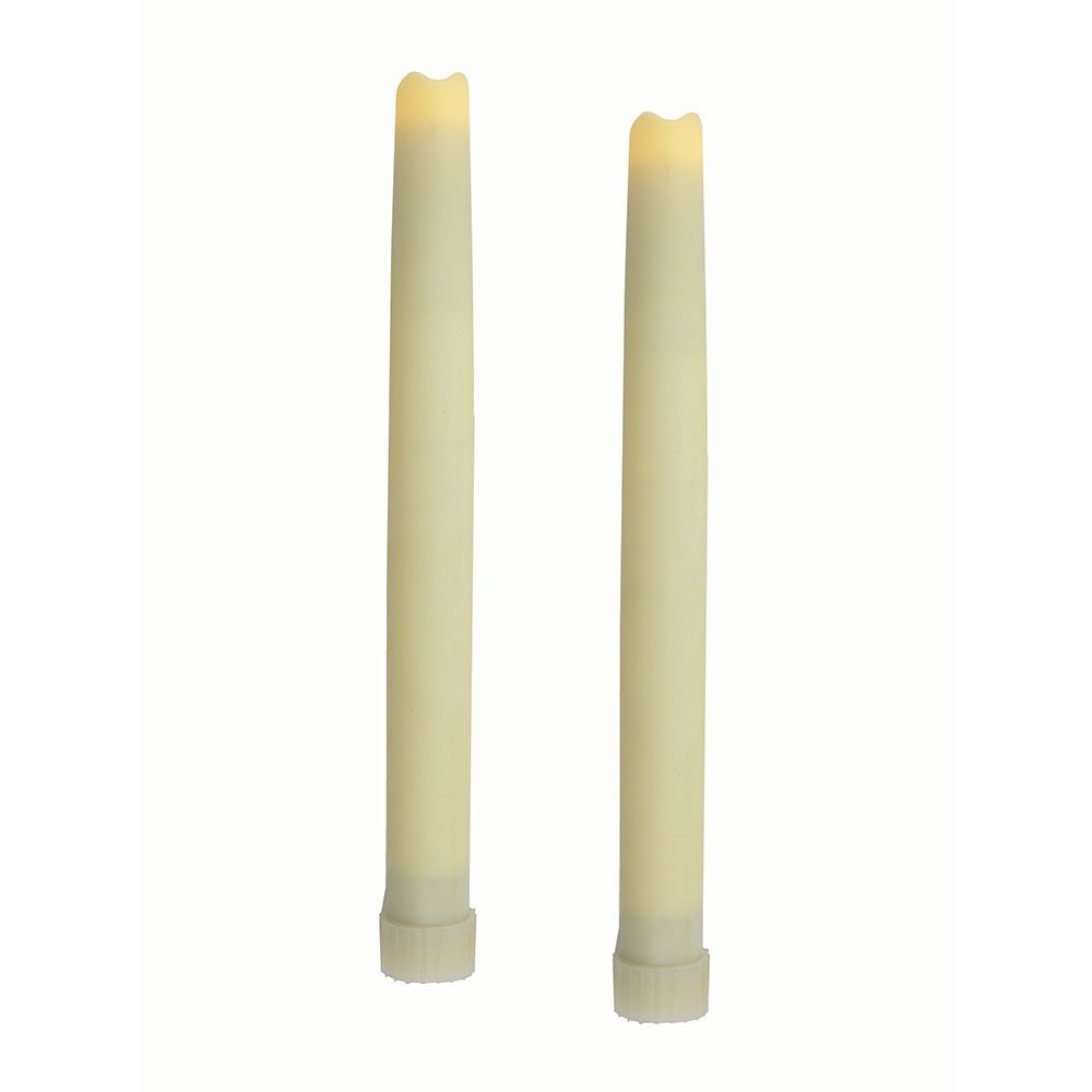 Two ivory flameless taper candles with a ribbed base on a white background.