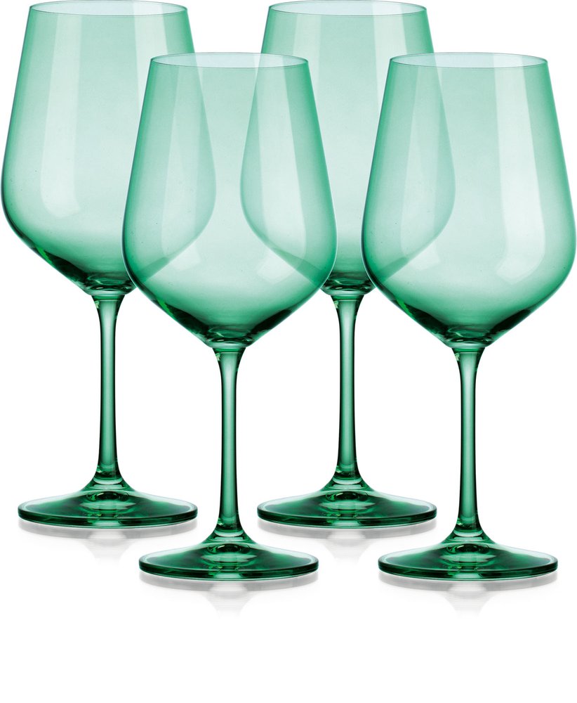 Set of Four Green Crystal Balloon Bowl Stemmed Red Wine Glass on a white background