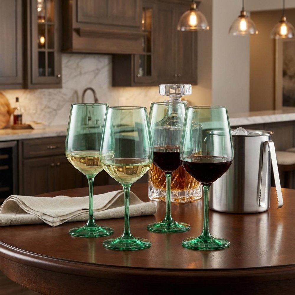 Set of Four Green Crystal Balloon Bowl Stemmed Red Wine Glass in a home interior