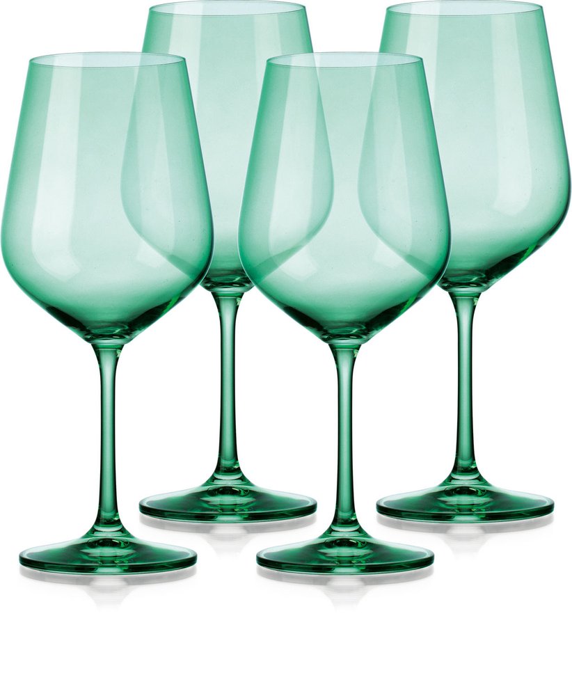 Set of Four Green Crystal Balloon Bowl Stemmed Red Wine Glass on a white background