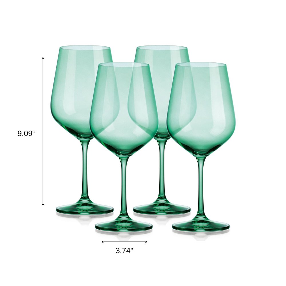 Set of Four Green Crystal Balloon Bowl Stemmed Red Wine Glass on a white background