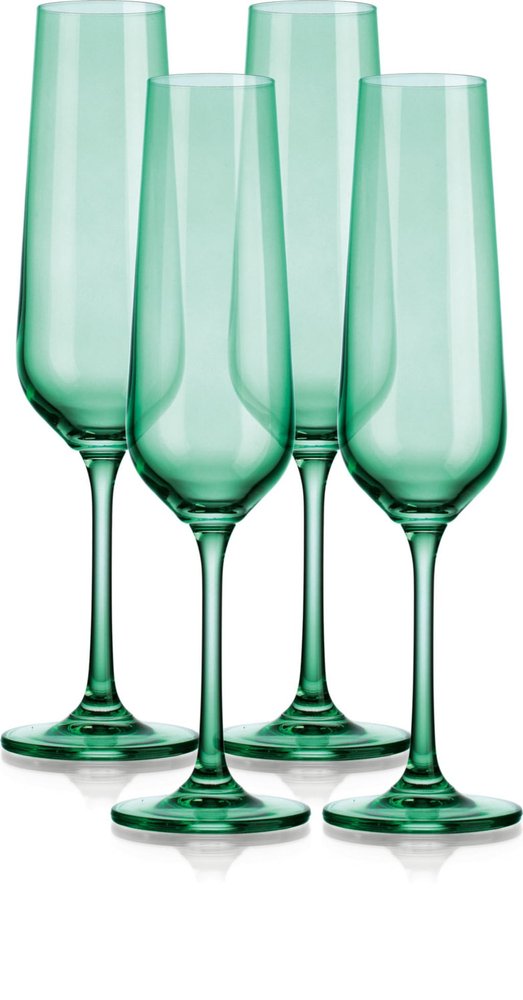 Set of Four Green Crystal Narrowing Shape Stemmed Flute on a white background