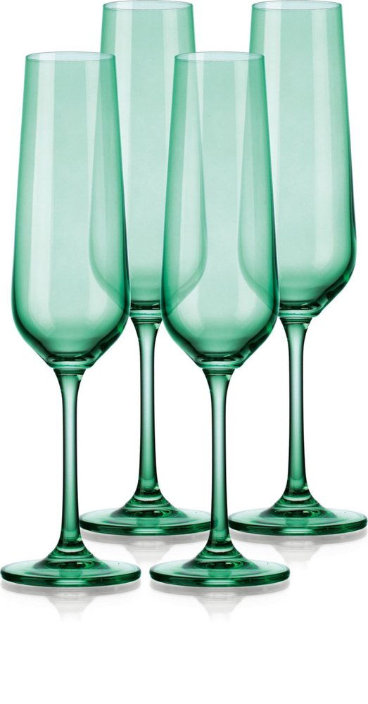Set of Four Green Crystal Narrowing Shape Stemmed Flute on a white background