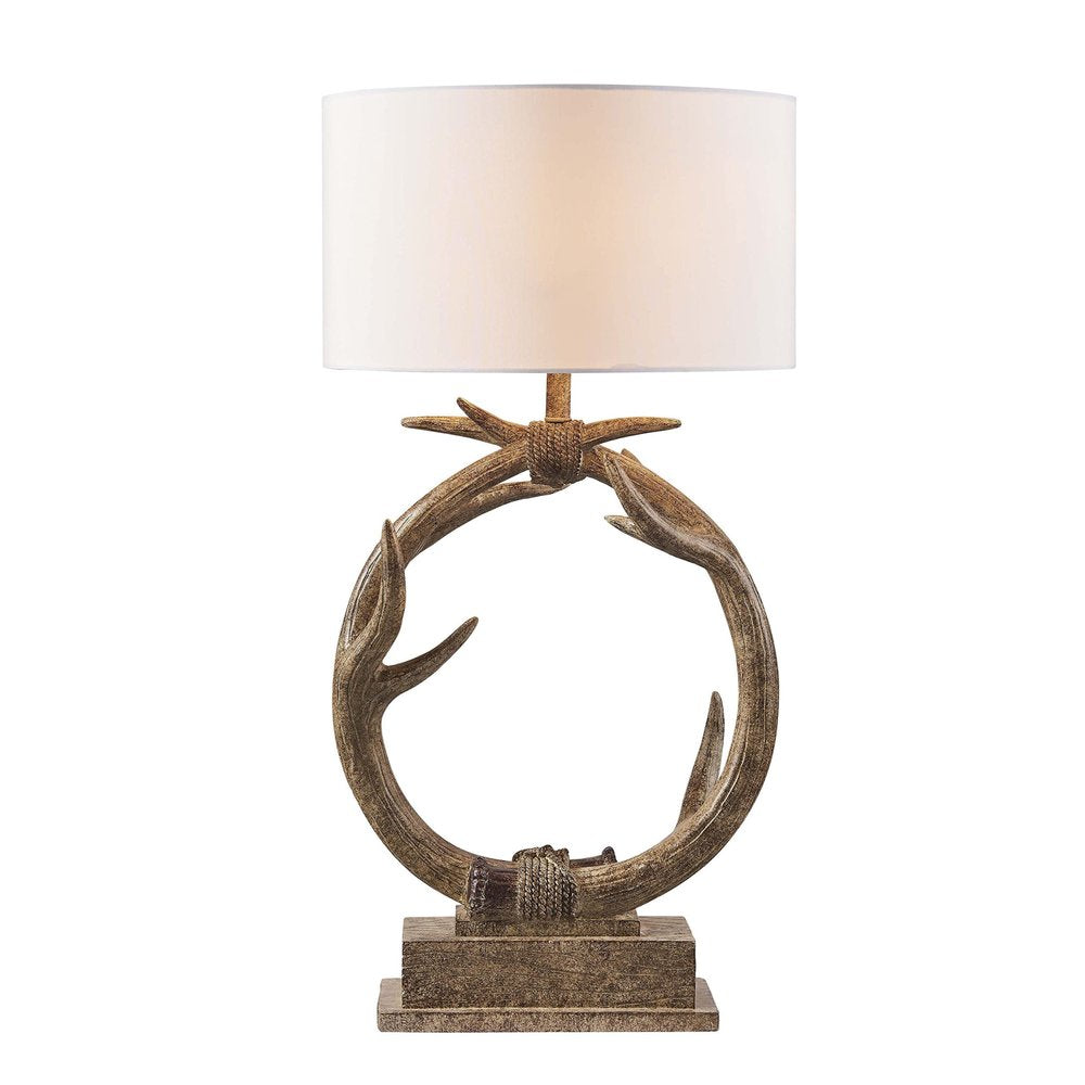 27" Brown Rustic Faux Antlers Table Lamp With White Drum Shade. Table lamp isolated on a plain white background, finished in white.
