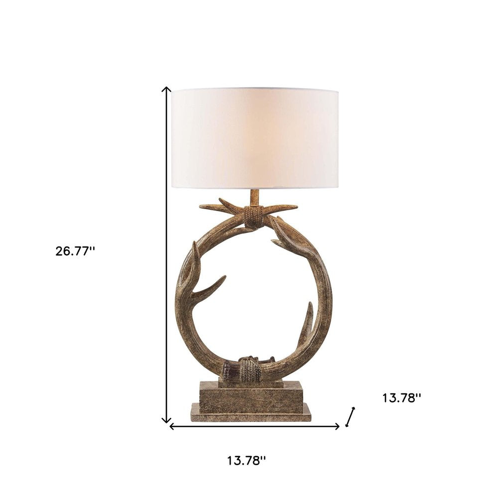 27" Brown Rustic Faux Antlers Table Lamp With White Drum Shade. Table lamp isolated on a plain white background, in a white finish.