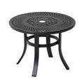 Black round metal outdoor bistro table with ornate lattice top and umbrella hole, on white background.