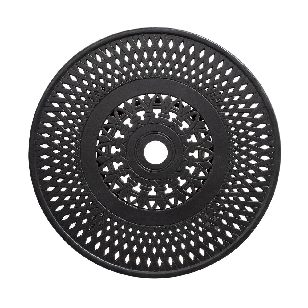 24" Black Rounded Metal Outdoor Bistro Table with Umbrella Hole. Outdoor table isolated on a plain white background, finished in black metal.