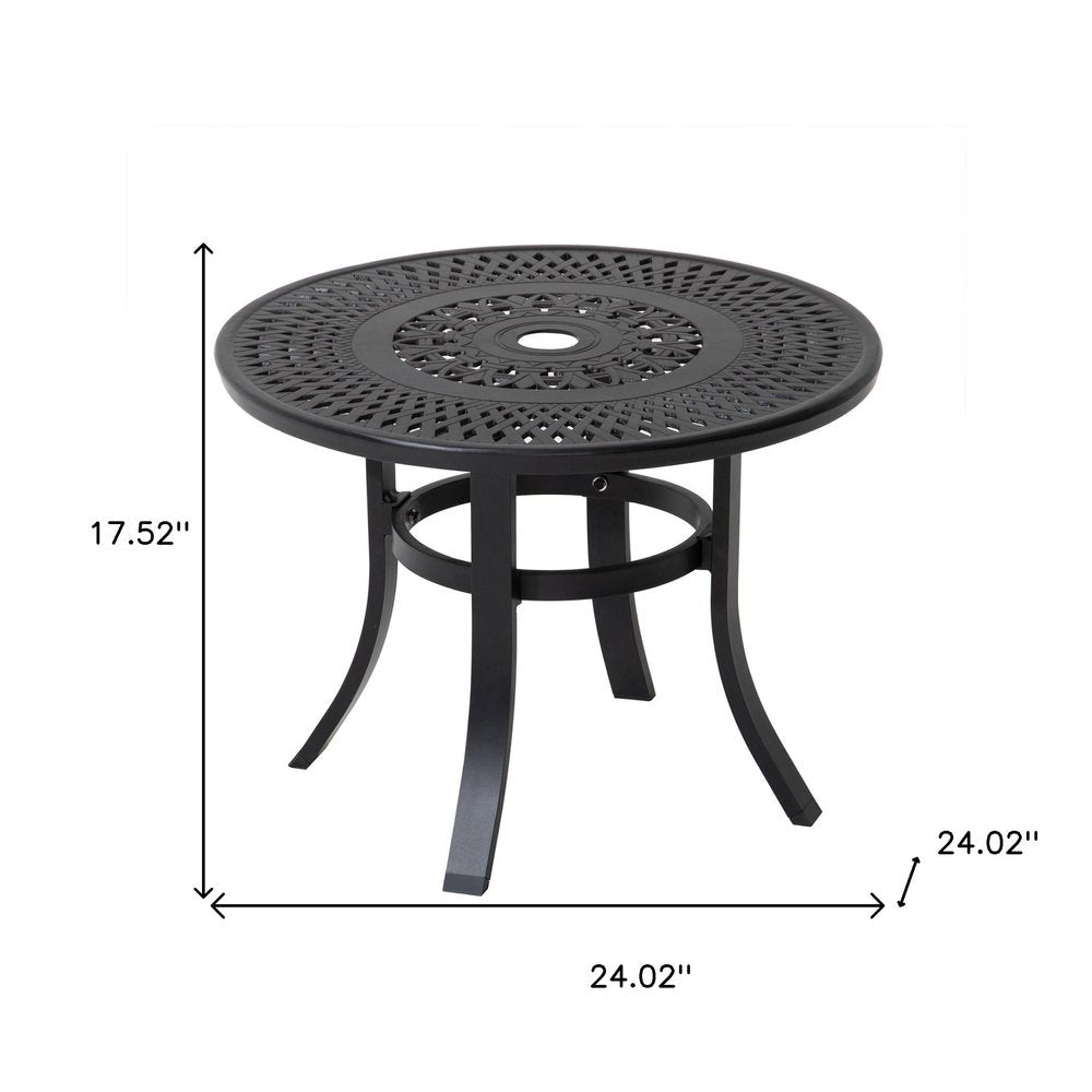 24" Black Rounded Metal Outdoor Bistro Table with Umbrella Hole. Outdoor table isolated on a plain white background, in a black metal finish.