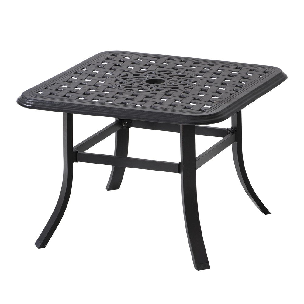 Black square metal outdoor bistro table with a woven pattern and decorative center, shown against a white background.