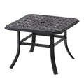 Black square metal outdoor bistro table with a woven pattern and decorative center, shown against a white background.