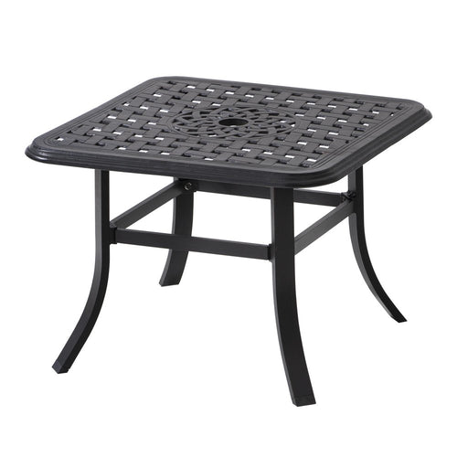 Black square metal outdoor bistro table with a woven pattern and decorative center, shown against a white background.