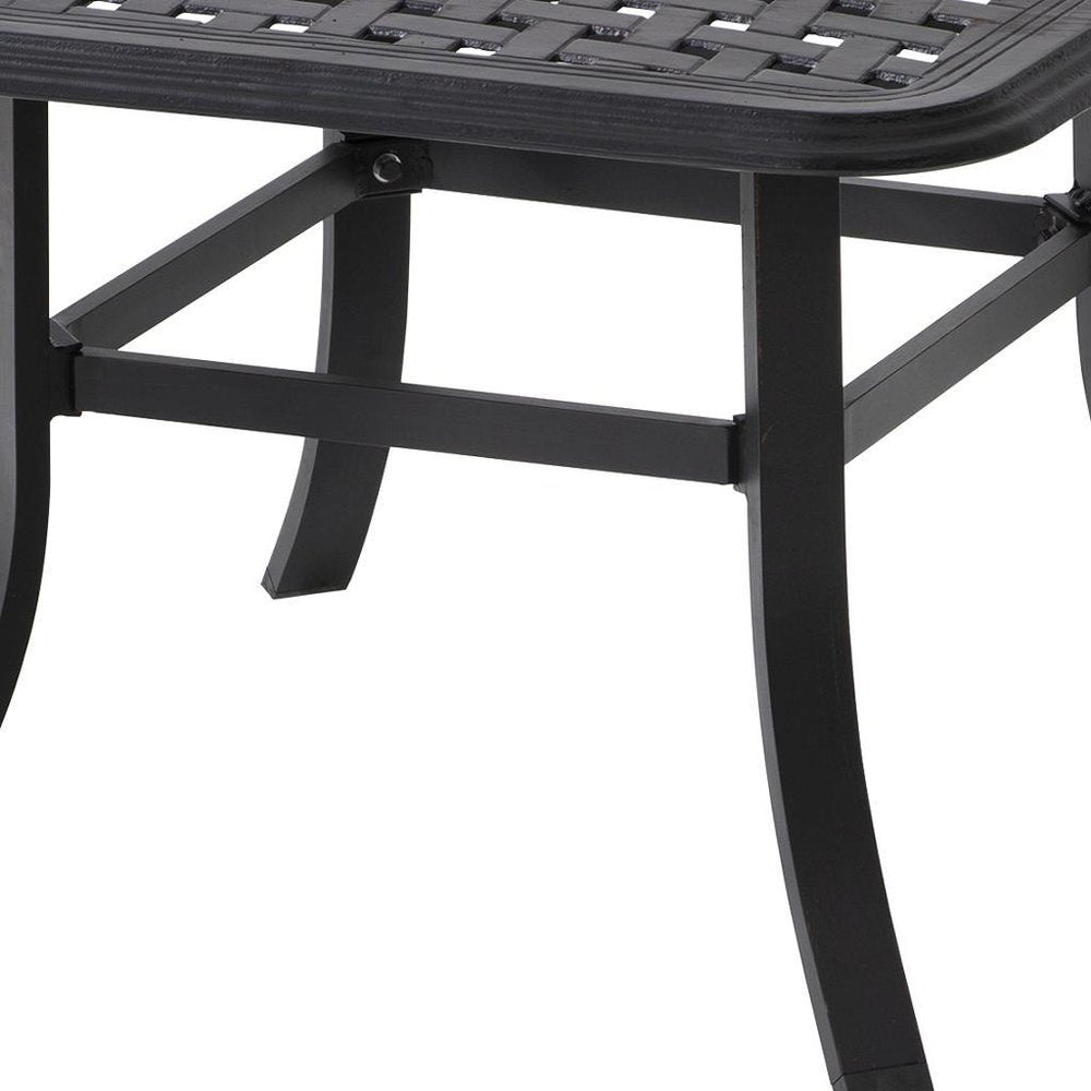 24" Black Square Metal Outdoor Bistro Table with Umbrella Hole. Outdoor table isolated on a plain white background, in a black metal finish.