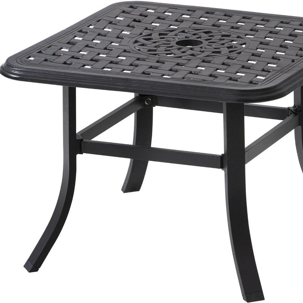 24" Black Square Metal Outdoor Bistro Table with Umbrella Hole. Outdoor table isolated on a plain white background, showing a black metal surface.