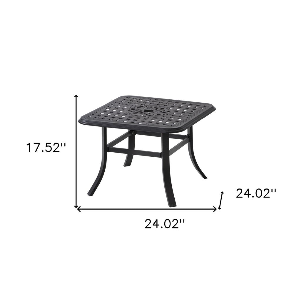 24" Black Square Metal Outdoor Bistro Table with Umbrella Hole. Outdoor table isolated on a plain white background, showing a black metal surface.