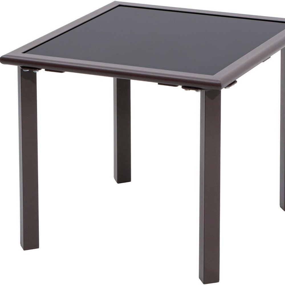 18" Black Square Glass Outdoor Side Table. Outdoor table isolated on a plain white background, in a black glass finish.