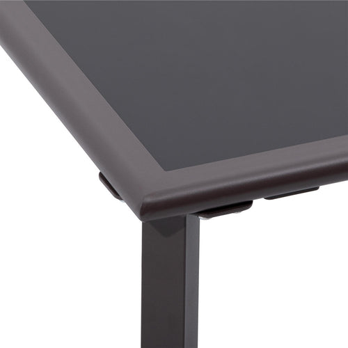Close-up of a dark brown metal-framed square glass outdoor side table with a white background.