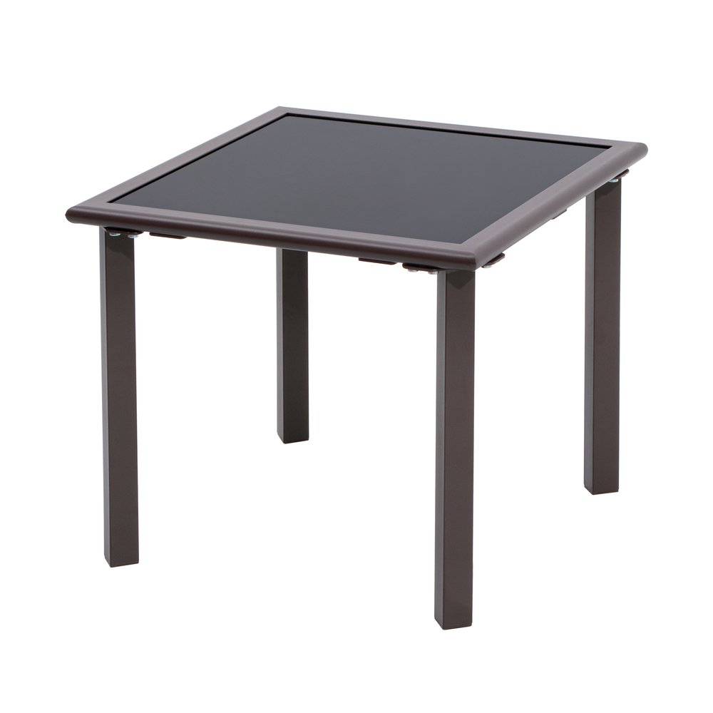 18" Black Square Glass Outdoor Side Table. Outdoor table isolated on a plain white background, in a black glass finish.